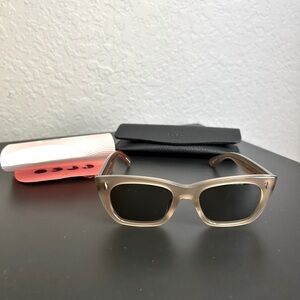 Garrett Leight Webster Sunglasses. Color Chantrell with graphite green lenses